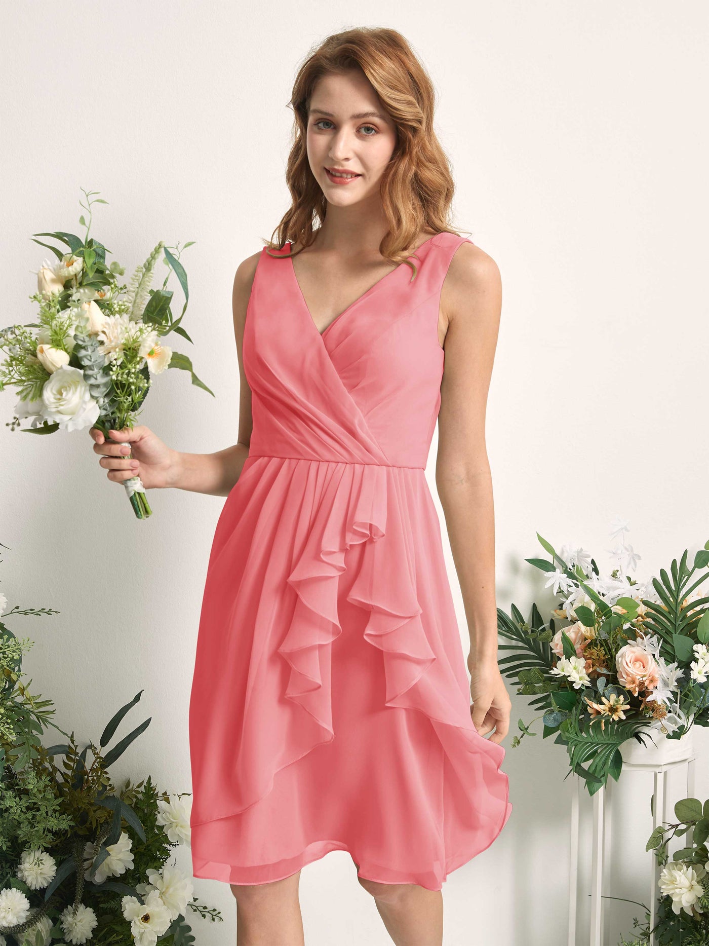 Bridesmaid Dress A-line Chiffon Straps Knee Length Sleeveless Wedding Party Dress - Coral Pink (81226630)#color_coral-pink