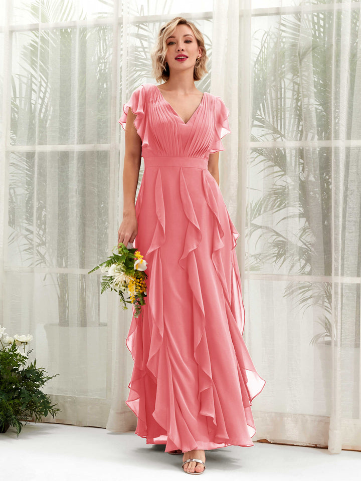 A-line V-neck Short Sleeves Chiffon Bridesmaid Dress - Coral Pink (81226030)