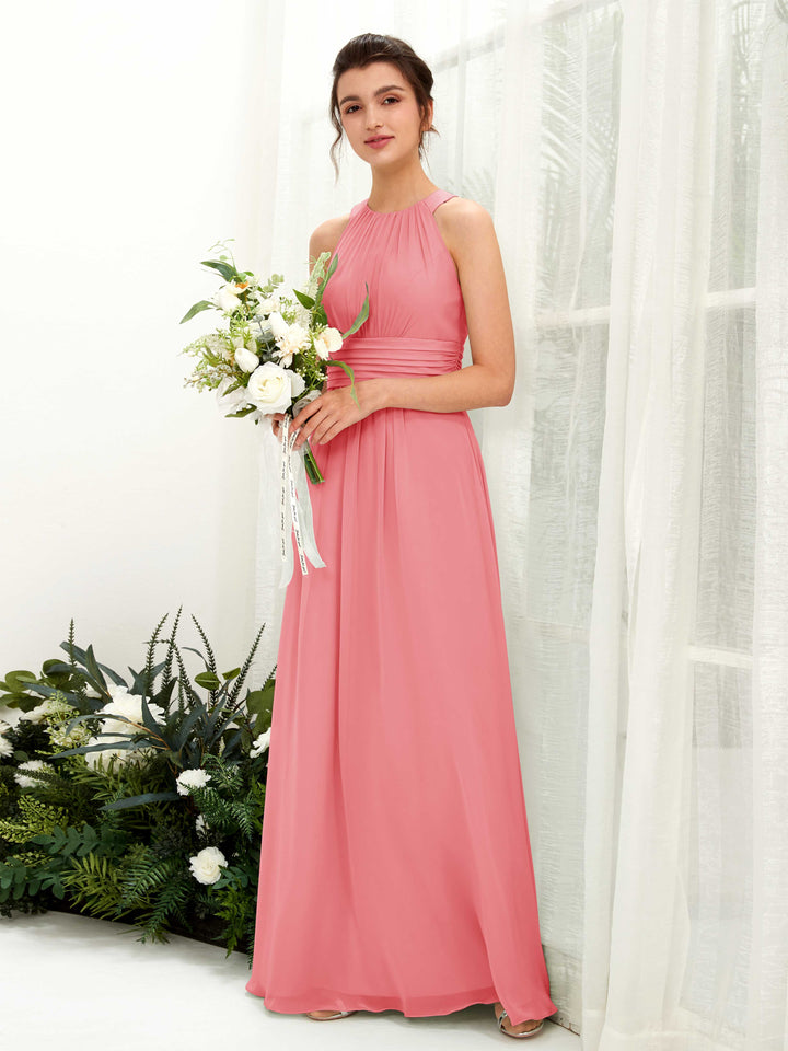 A-line Round Sleeveless Chiffon Bridesmaid Dress - Coral Pink (81221530)