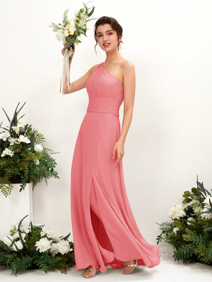 A-line One Shoulder Sleeveless Bridesmaid Dress - Coral Pink (81224730)