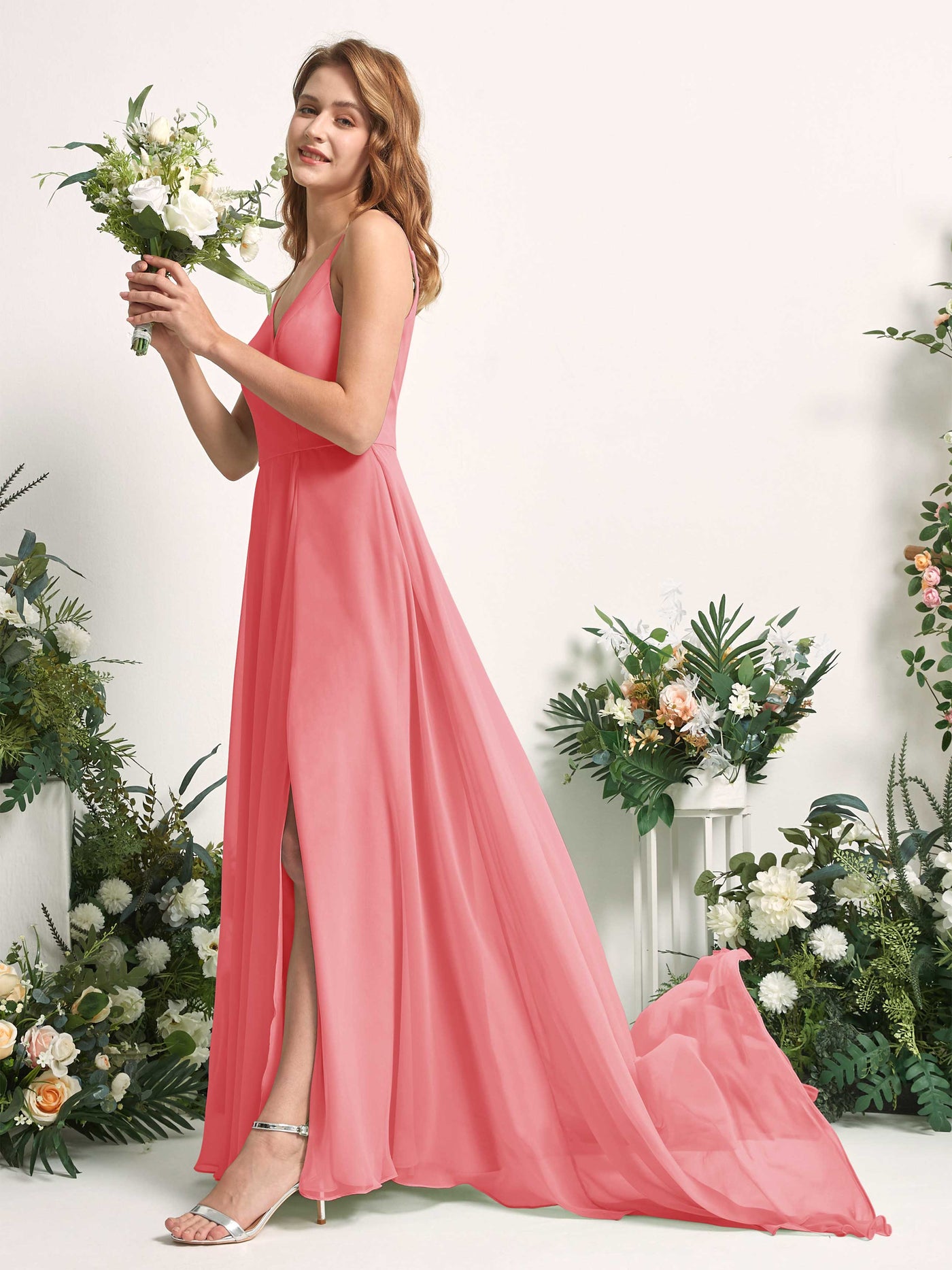 Bridesmaid Dress A-line Chiffon Spaghetti-straps Full Length Sleeveless Wedding Party Dress - Coral Pink (81227730)#color_coral-pink