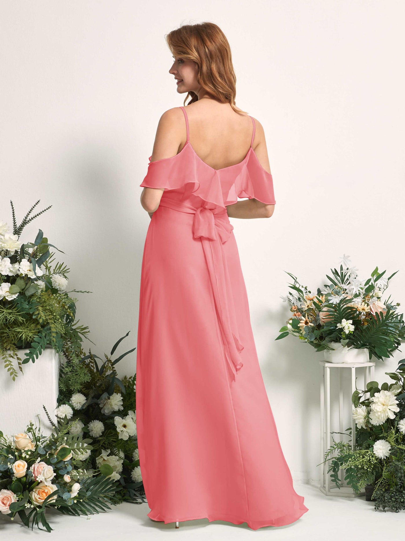 Carlyna Yvette A-Line Coral Pink Bridesmaid Dress Maxi Sleeveless V-Neck Dress #color_coral-pink