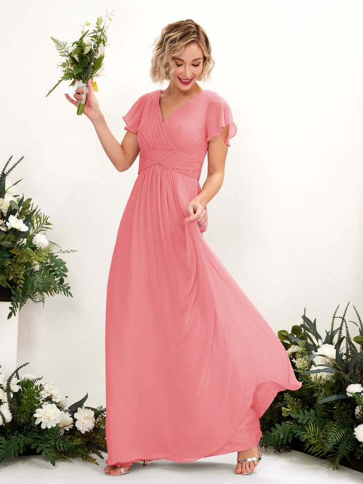 A-line V-neck Cap Sleeves Chiffon Bridesmaid Dress - Coral Pink (81224330)