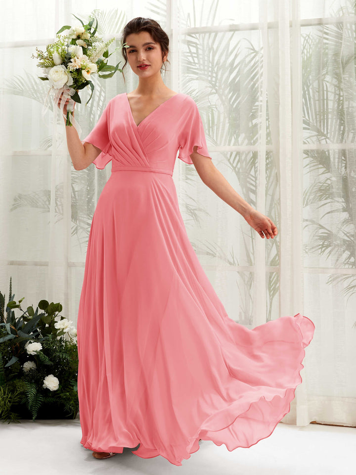 A-line V-neck Short Sleeves Chiffon Bridesmaid Dress - Coral Pink (81224630)