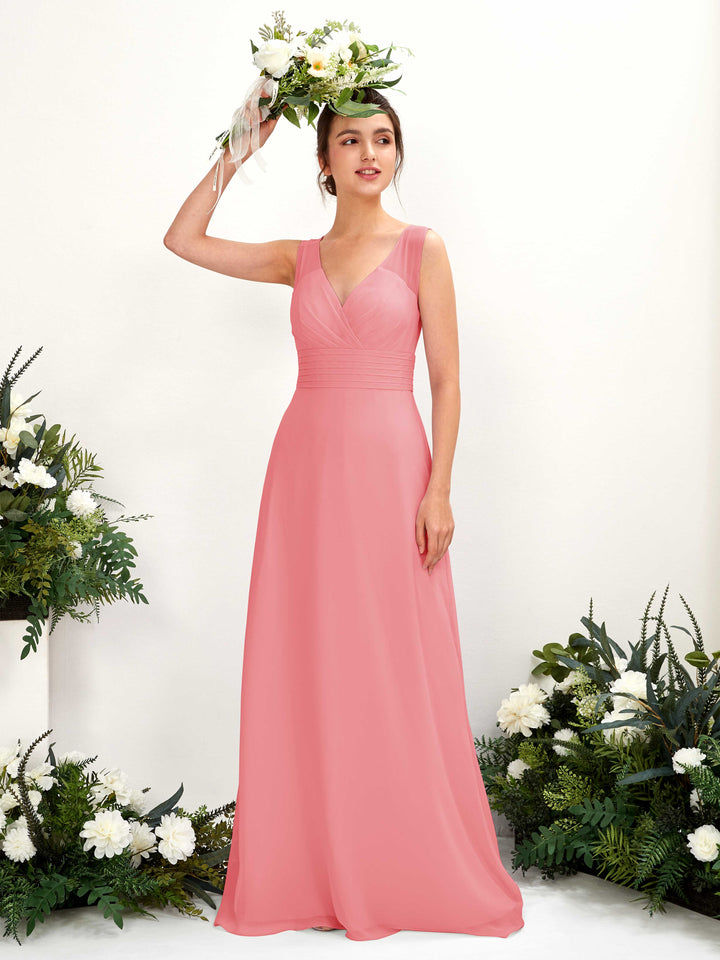 A-line V-neck Sleeveless Chiffon Bridesmaid Dress - Coral Pink (81220930)