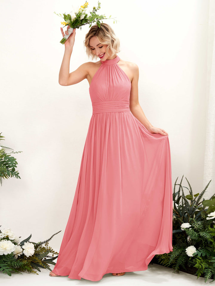 Ball Gown Halter Sleeveless Chiffon Bridesmaid Dress - Coral Pink (81225330)