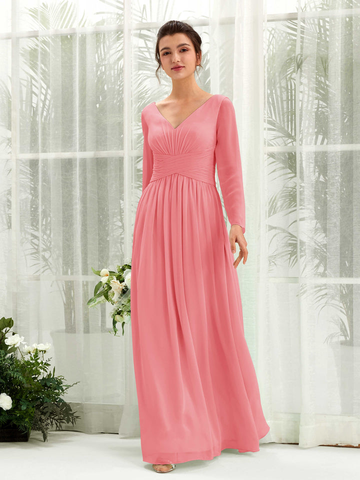 Ball Gown V-neck Long Sleeves Chiffon Bridesmaid Dress - Coral Pink (81220330)