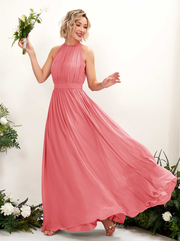 Halter Sleeveless Chiffon Bridesmaid Dress - Coral Pink (81223130)