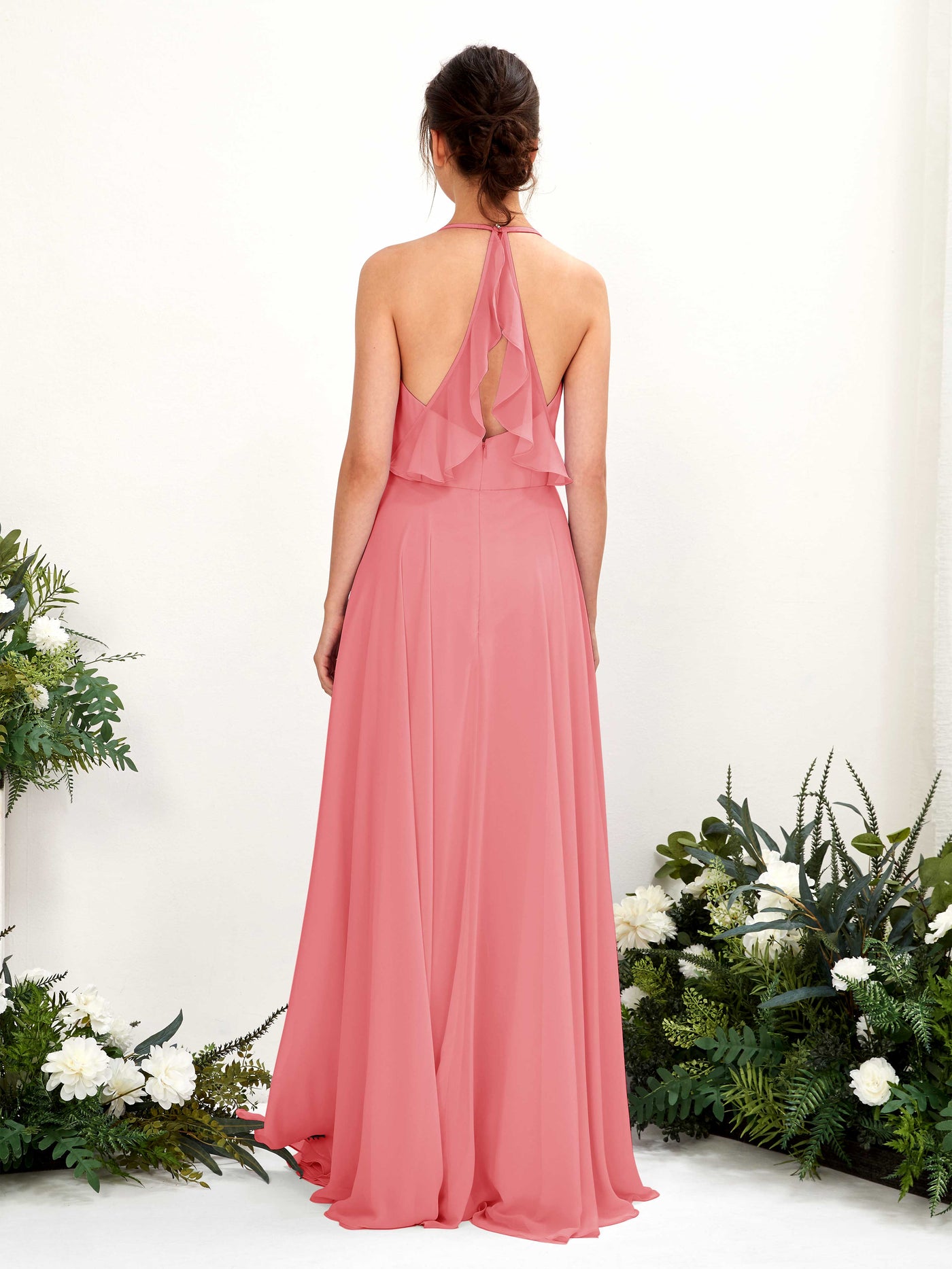 Halter V-neck Sleeveless Chiffon Bridesmaid Dress - Coral Pink (81221030)#color_coral-pink