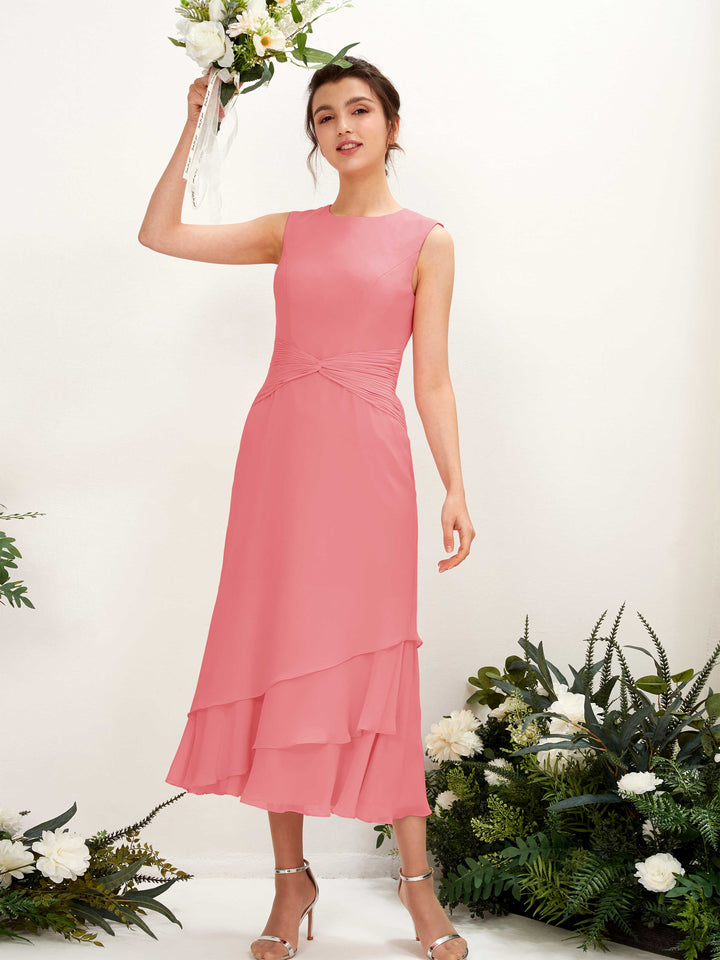 Mermaid/Trumpet Round Sleeveless Chiffon Bridesmaid Dress - Coral Pink (81221930)