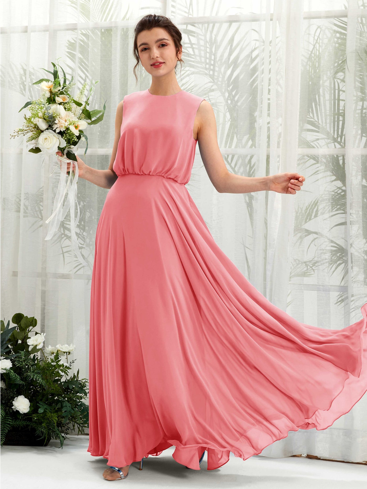 Round Sleeveless Chiffon Bridesmaid Dress - Coral Pink (81222830)#color_coral-pink