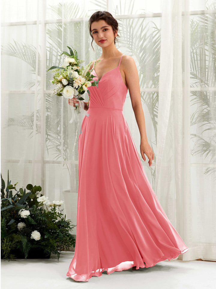 Spaghetti-straps V-neck Sleeveless Bridesmaid Dress - Coral Pink (81224230)