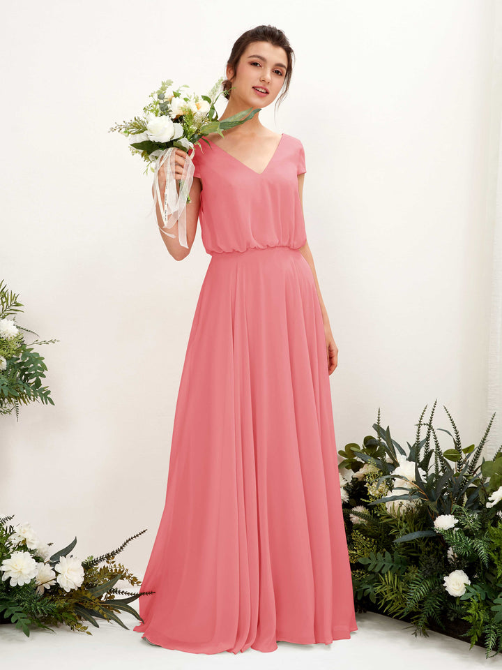 V-neck Cap Sleeves Chiffon Bridesmaid Dress - Coral Pink (81221830)