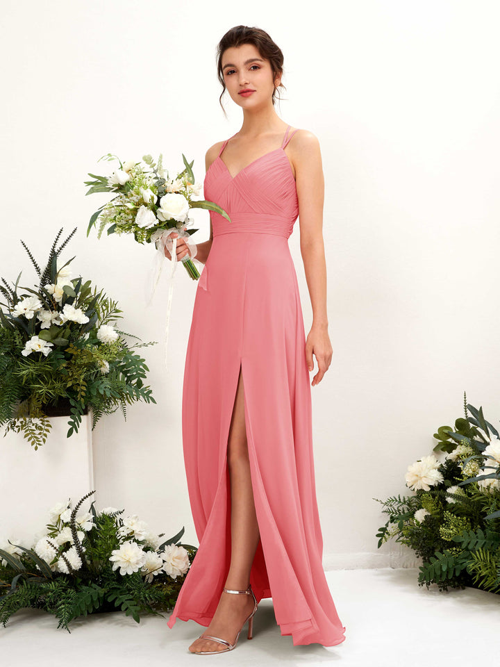 Straps V-neck Sleeveless Chiffon Bridesmaid Dress - Coral Pink (81225430)