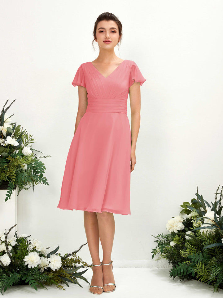 V-neck Short Sleeves Chiffon Bridesmaid Dress - Coral Pink (81220230)