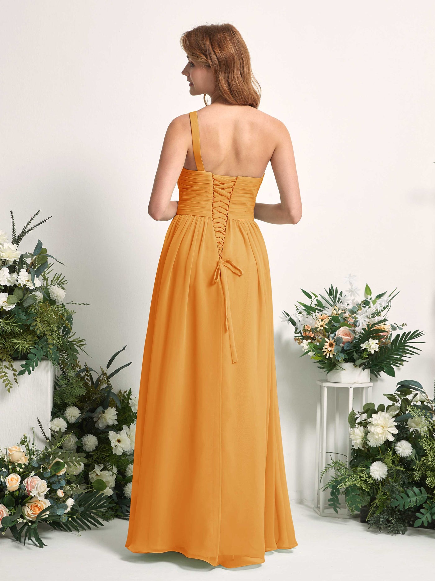 Bridesmaid Dress A-line Chiffon One Shoulder Full Length Sleeveless Wedding Party Dress - Mango (81226702)#color_mango