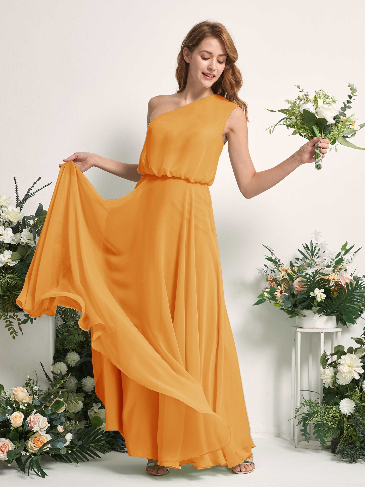 Bridesmaid Dress A-line Chiffon One Shoulder Full Length Sleeveless Wedding Party Dress - Mango (81226802)#color_mango