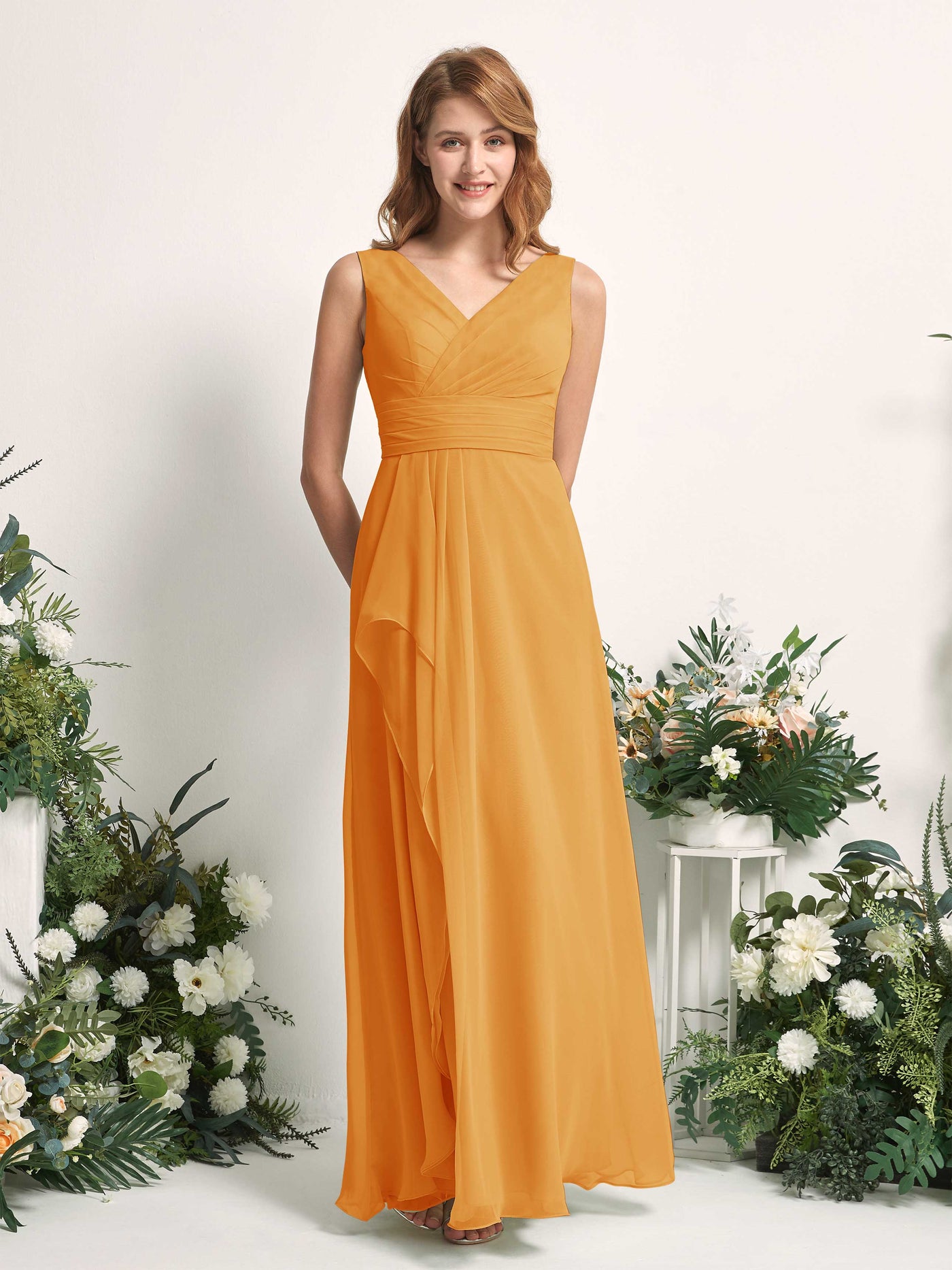 Bridesmaid Dress A-line Chiffon V-neck Full Length Sleeveless Wedding Party Dress - Mango (81227102)#color_mango