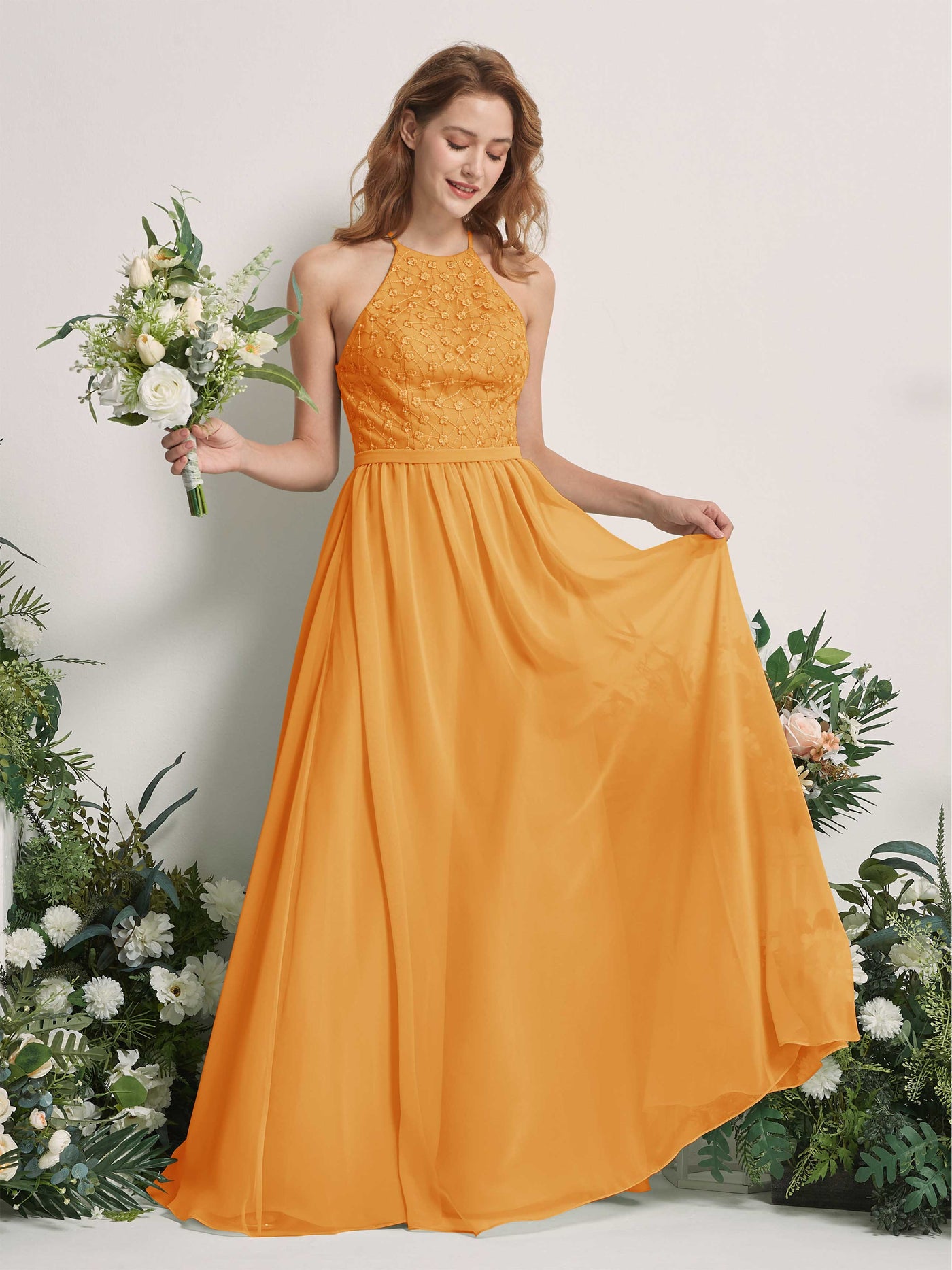 Mango Bridesmaid Dresses A-line Halter Sleeveless Chiffon Dresses (83220802)#color_mango