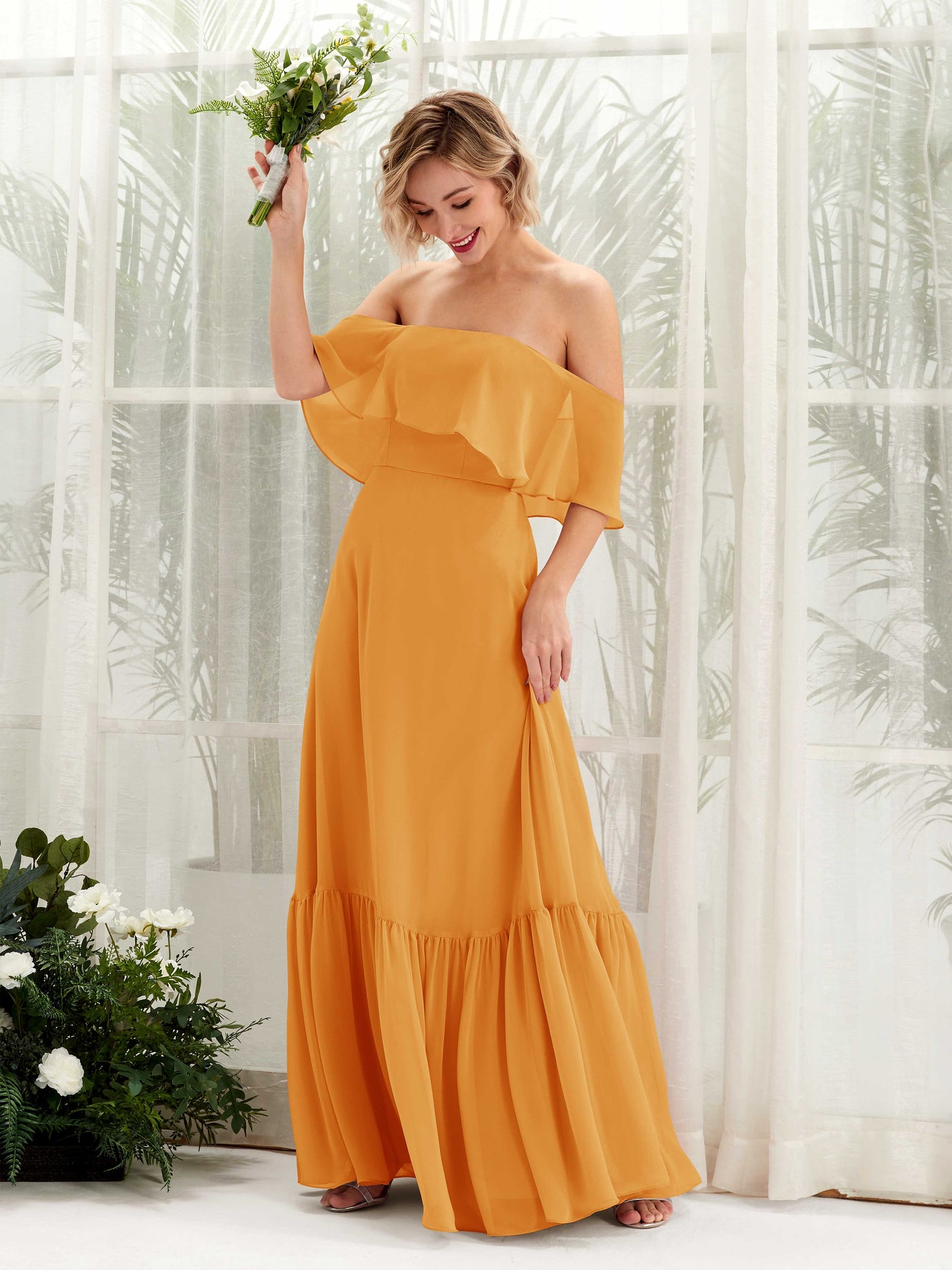 Carlyna Joie A-Line Mango Bridesmaid Dress Maxi Sleeveless Off the Shoulder Dress #color_mango