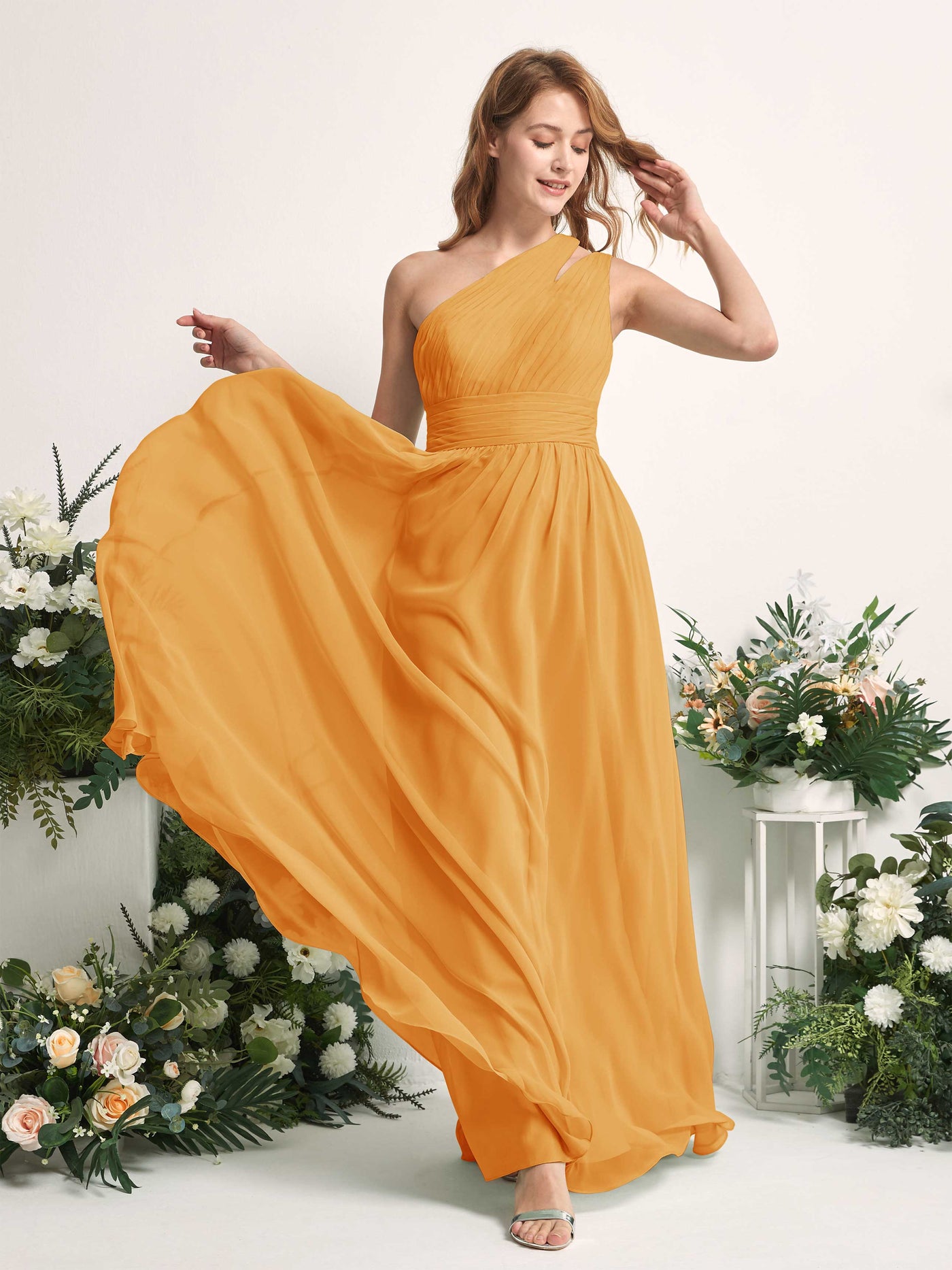 Carlyna Evelyn A-Line Mango Bridesmaid Dress Maxi Sleeveless One Shoulder Dress #color_mango