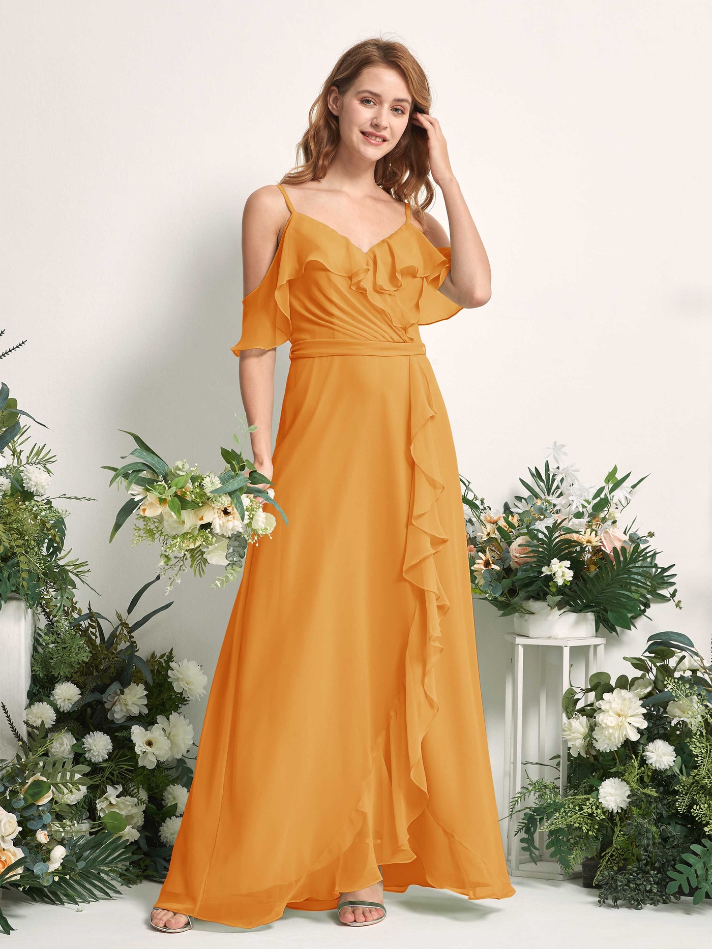 Bridesmaid Dress A-line Chiffon Spaghetti-straps Full Length Sleeveless Wedding Party Dress - Mango (81227402)#color_mango