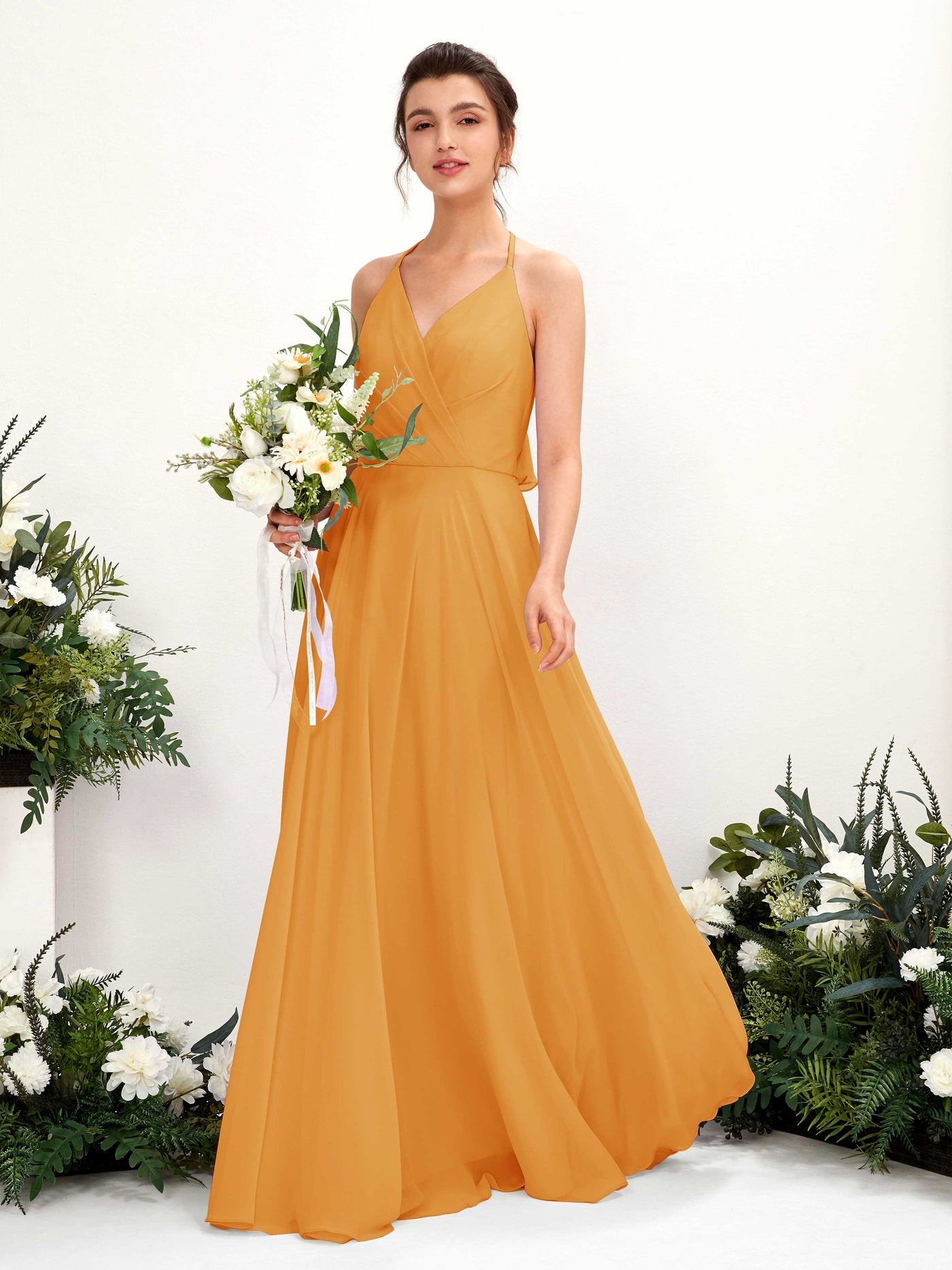 Halter V-neck Sleeveless Chiffon Bridesmaid Dress - Mango (81221002)#color_mango