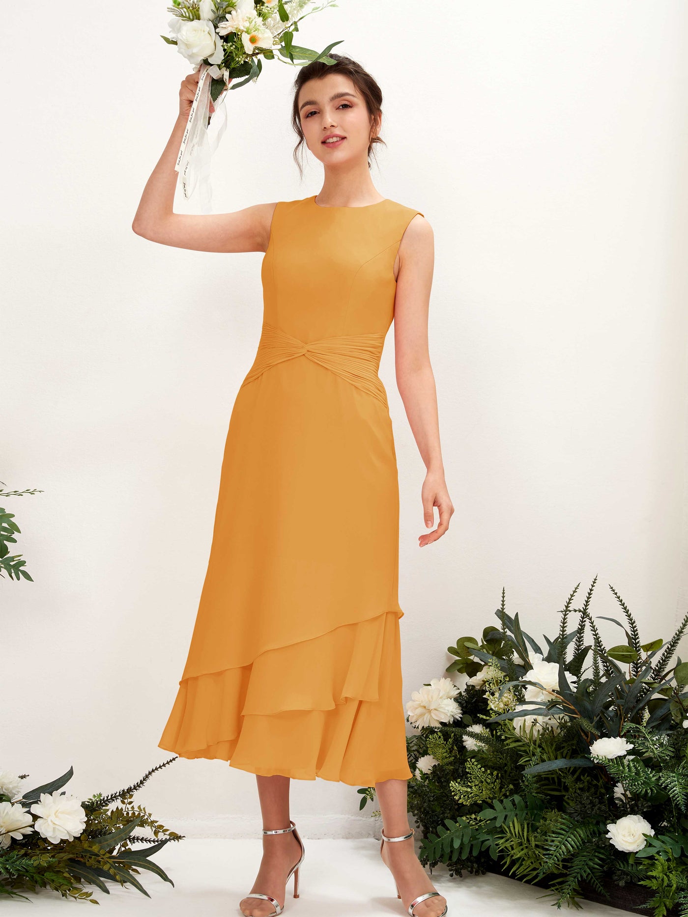 Mermaid/Trumpet Round Sleeveless Chiffon Bridesmaid Dress - Mango (81221902)#color_mango