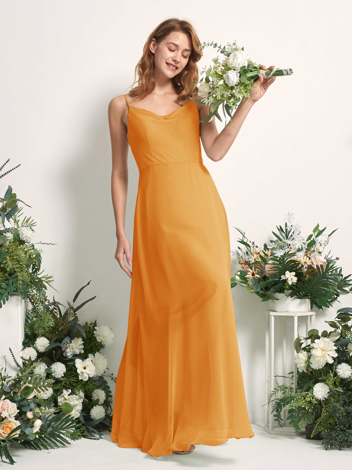 Bridesmaid Dress A-line Chiffon Spaghetti-straps Full Length Sleeveless Wedding Party Dress - Mango (81227202)#color_mango