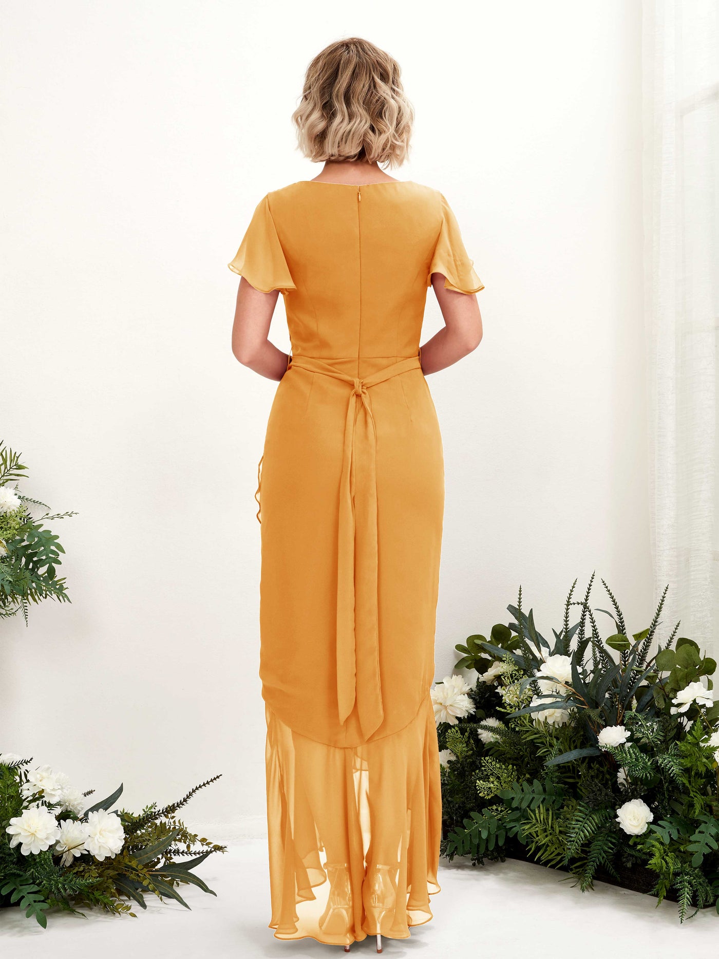 Carlyna Eartha Mermaid Mango Bridesmaid Dress Maxi Cap Sleeve V-Neck Dress #color_mango