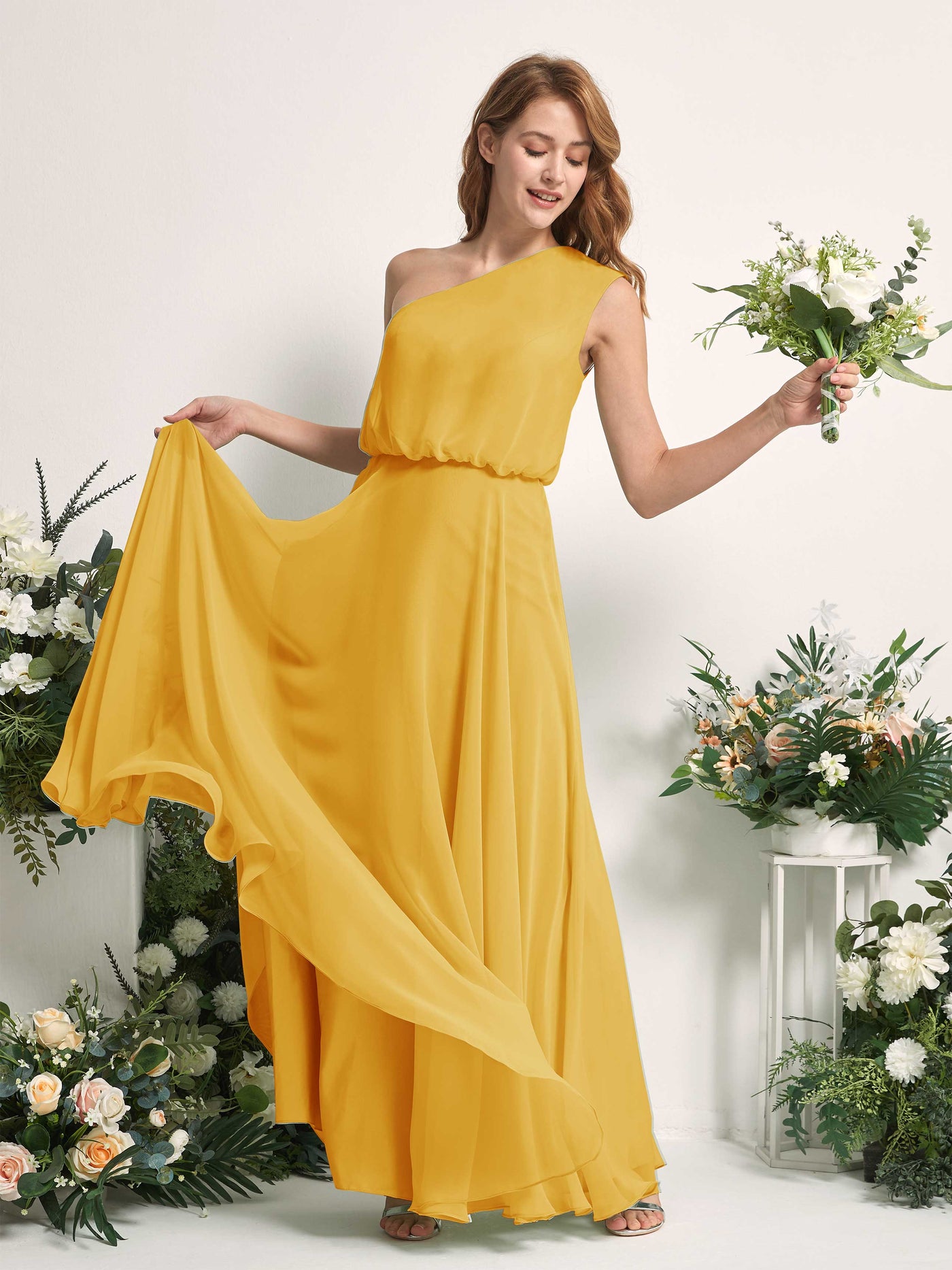 Bridesmaid Dress A-line Chiffon One Shoulder Full Length Sleeveless Wedding Party Dress - Mustard Yellow (81226833)#color_mustard-yellow