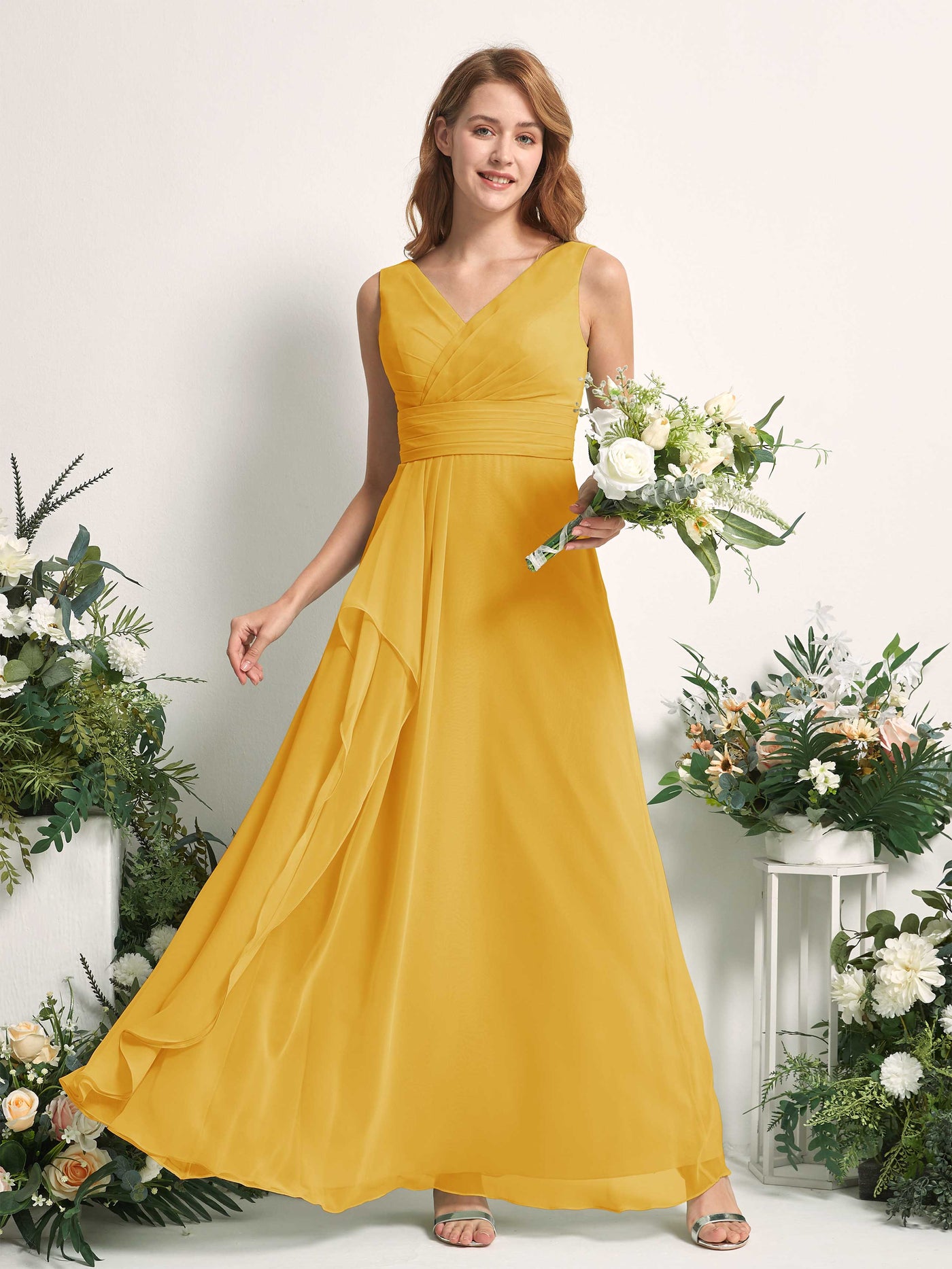 Bridesmaid Dress A-line Chiffon V-neck Full Length Sleeveless Wedding Party Dress - Mustard Yellow (81227133)#color_mustard-yellow