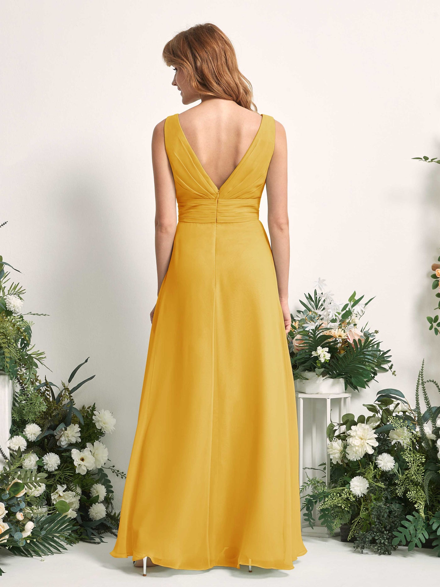 Carlyna Mollie A-Line Mustard Yellow Bridesmaid Dress Maxi Sleeveless V-Neck Dress #color_mustard-yellow