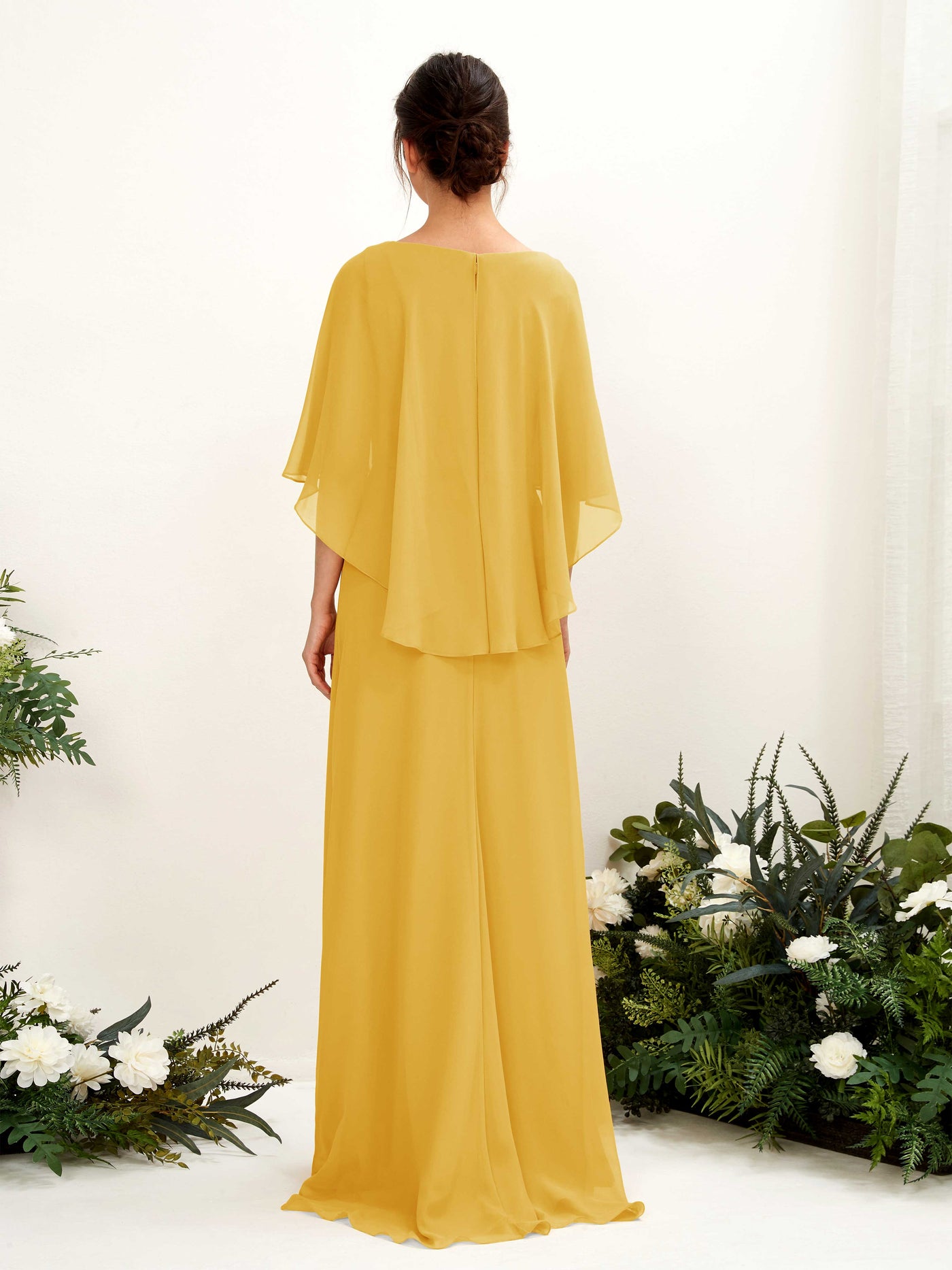 Carlyna Savin Sheath Mustard Yellow Bridesmaid Dress Maxi Cap Sleeve Boat Neck Dress #color_mustard-yellow