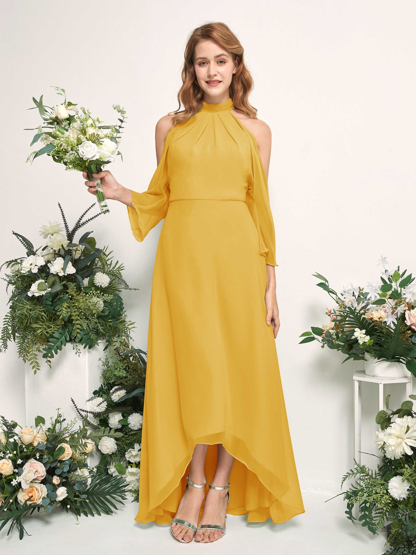 Carlyna Maxine A-Line Mustard Yellow Bridesmaid Dress Maxi Sleeveless Round Neck Dress #color_mustard-yellow