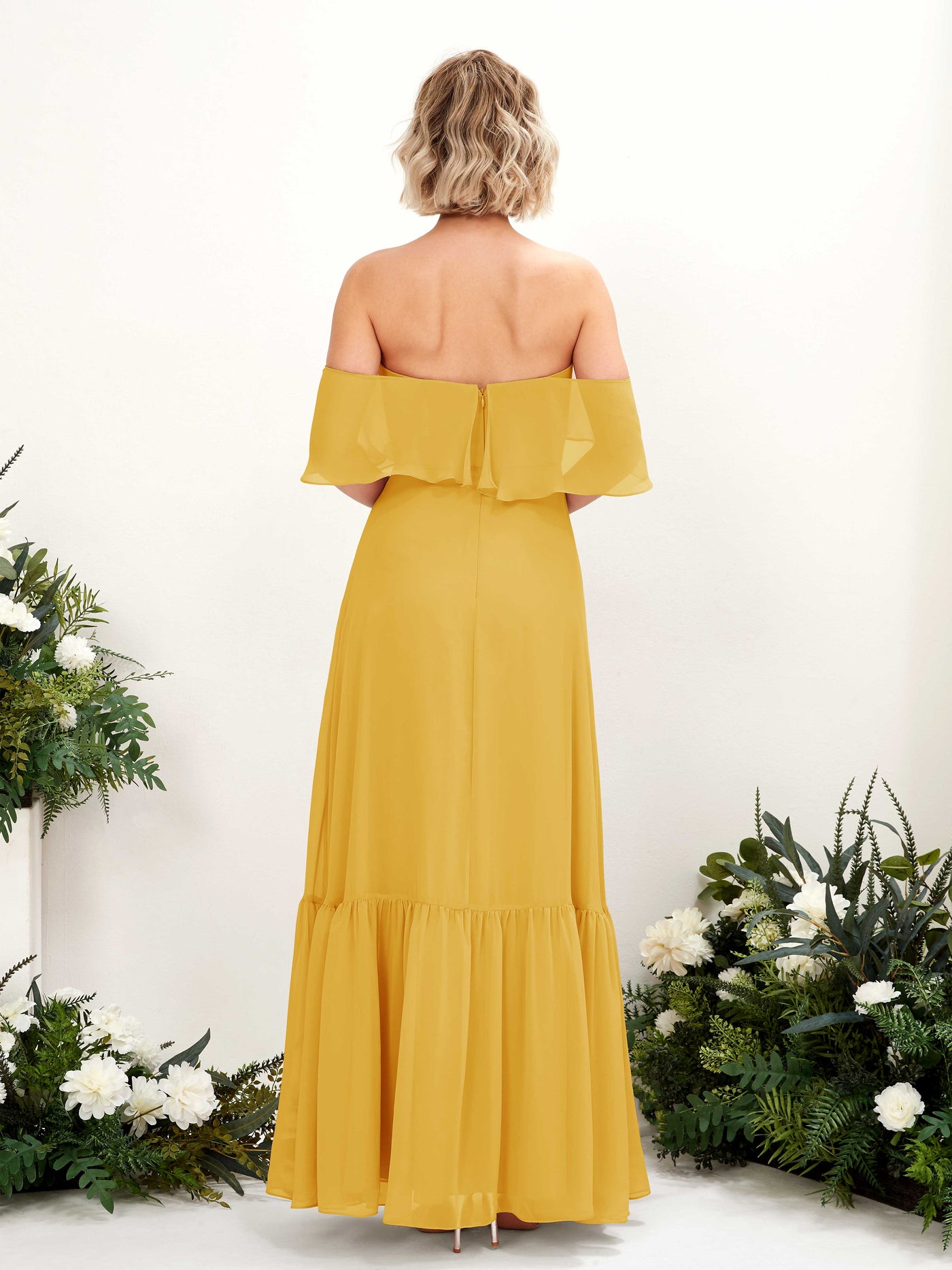 Carlyna Joie A-Line Mustard Yellow Bridesmaid Dress Maxi Sleeveless Off the Shoulder Dress #color_mustard-yellow