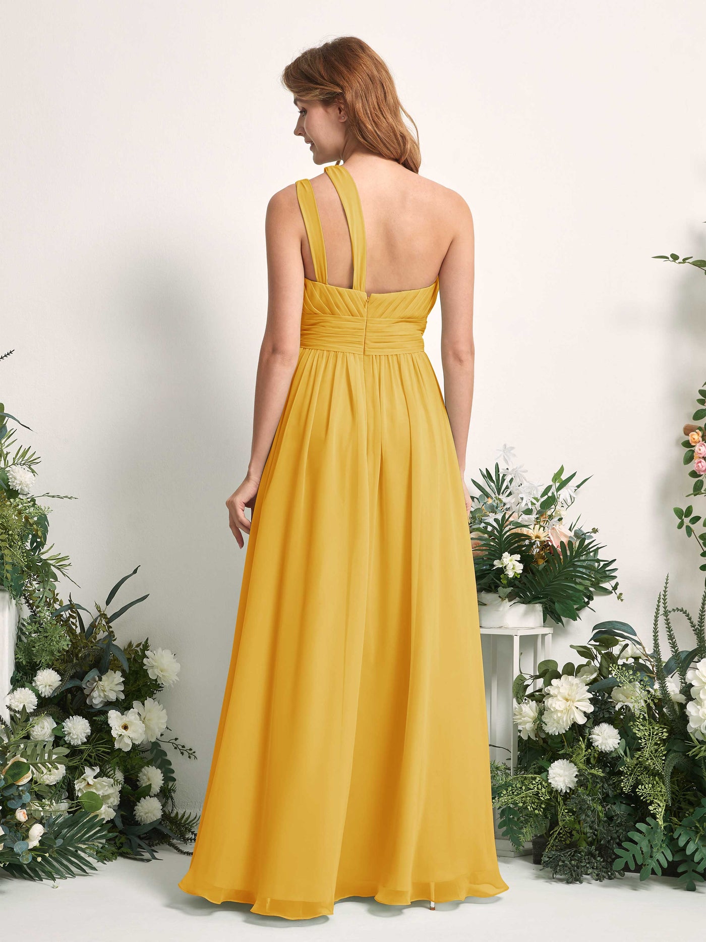 Carlyna Evelyn A-Line Mustard Yellow Bridesmaid Dress Maxi Sleeveless One Shoulder Dress #color_mustard-yellow