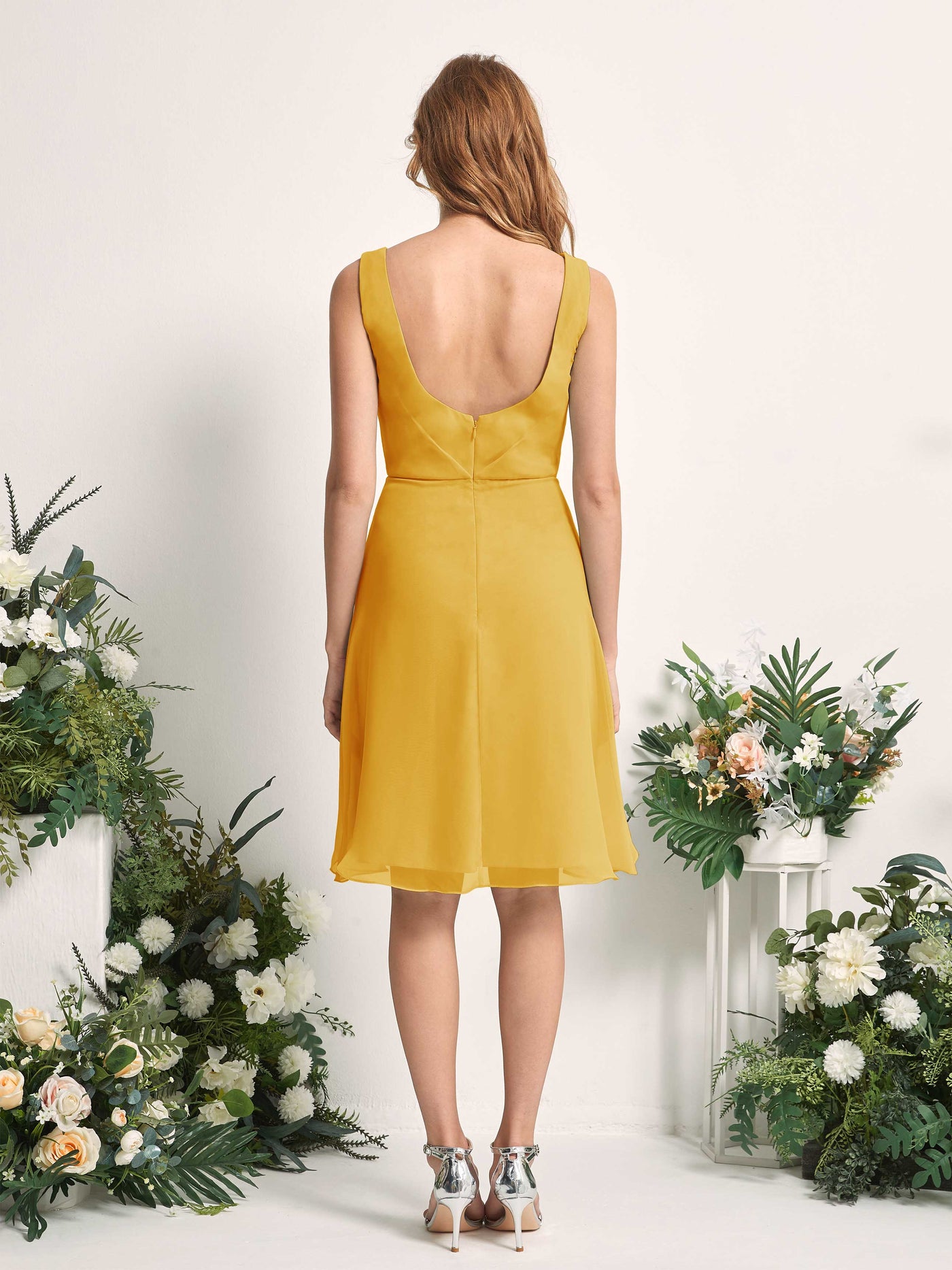 Bridesmaid Dress A-line Chiffon Straps Knee Length Sleeveless Wedding Party Dress - Mustard Yellow (81226633)#color_mustard-yellow