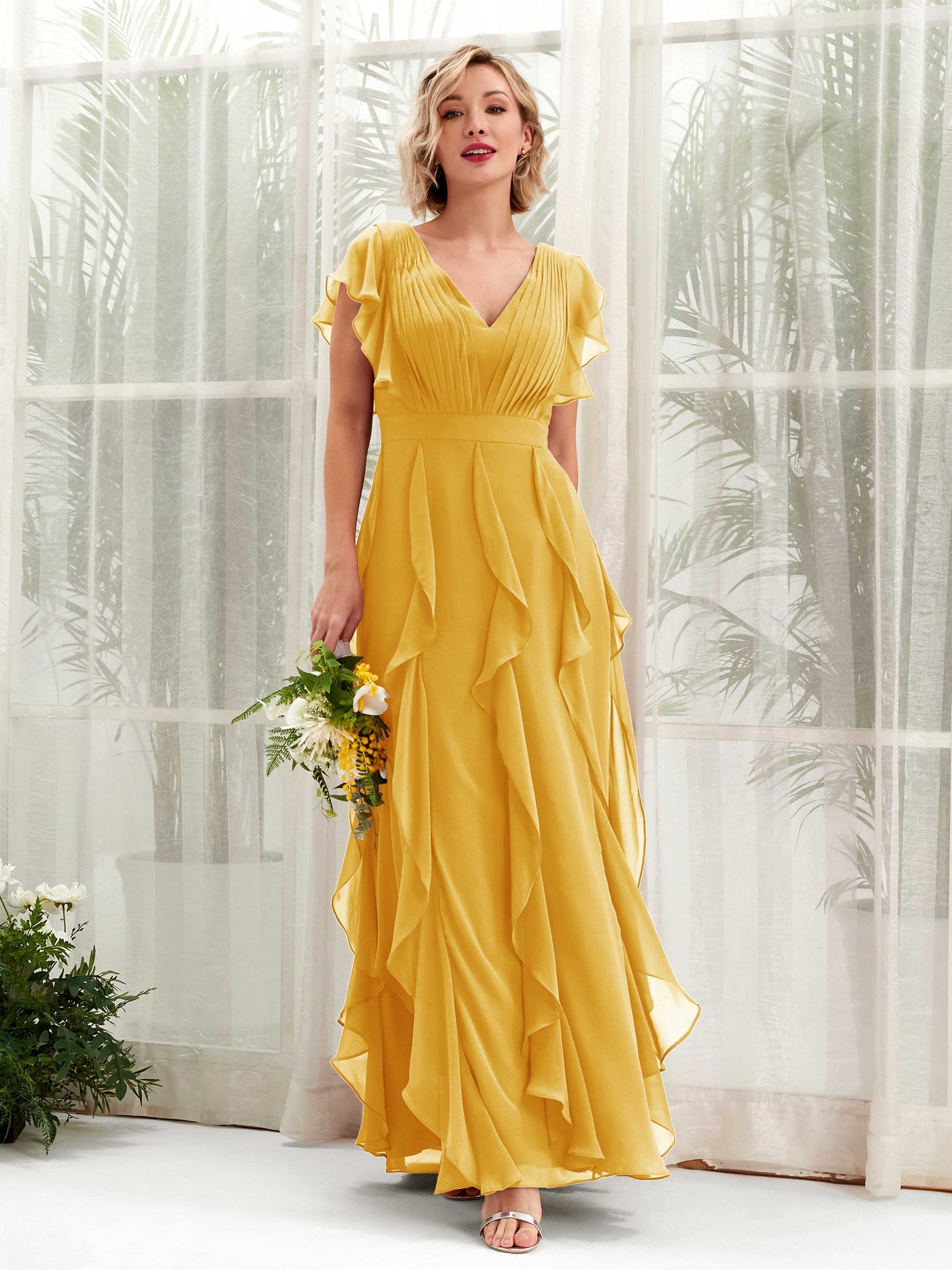 Carlyna Cynthia A-Line Mustard Yellow Bridesmaid Dress Maxi Cap Sleeve V-Neck Dress #color_mustard-yellow