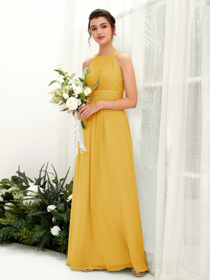 A-line Round Sleeveless Chiffon Bridesmaid Dress - Mustard Yellow (81221533)