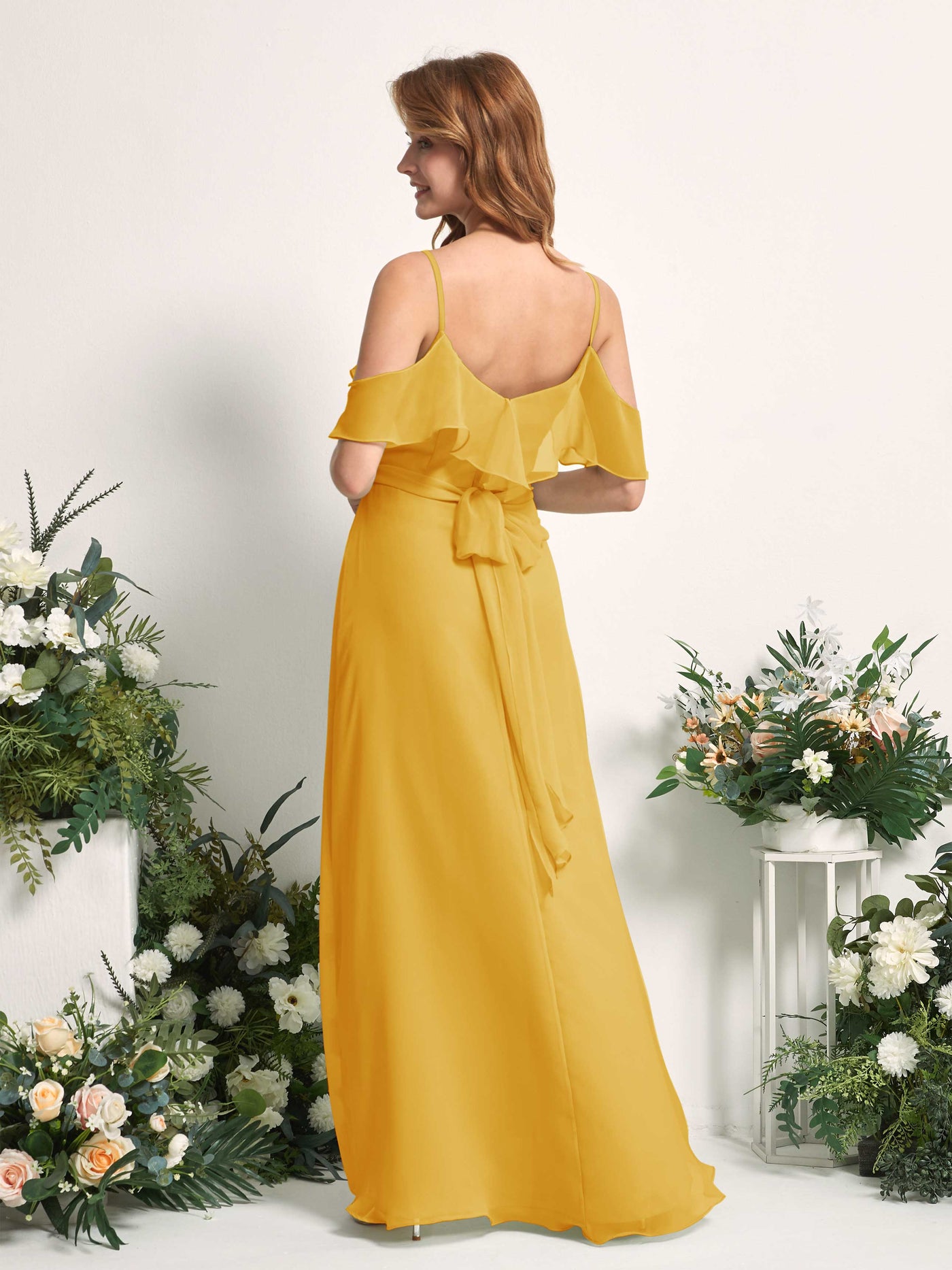 Bridesmaid Dress A-line Chiffon Spaghetti-straps Full Length Sleeveless Wedding Party Dress - Mustard Yellow (81227433)#color_mustard-yellow