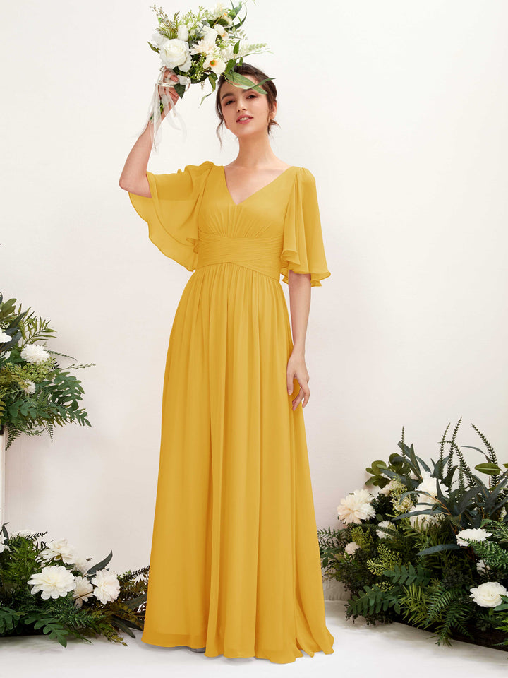 A-line V-neck 1/2 Sleeves Chiffon Bridesmaid Dress - Mustard Yellow (81221633)