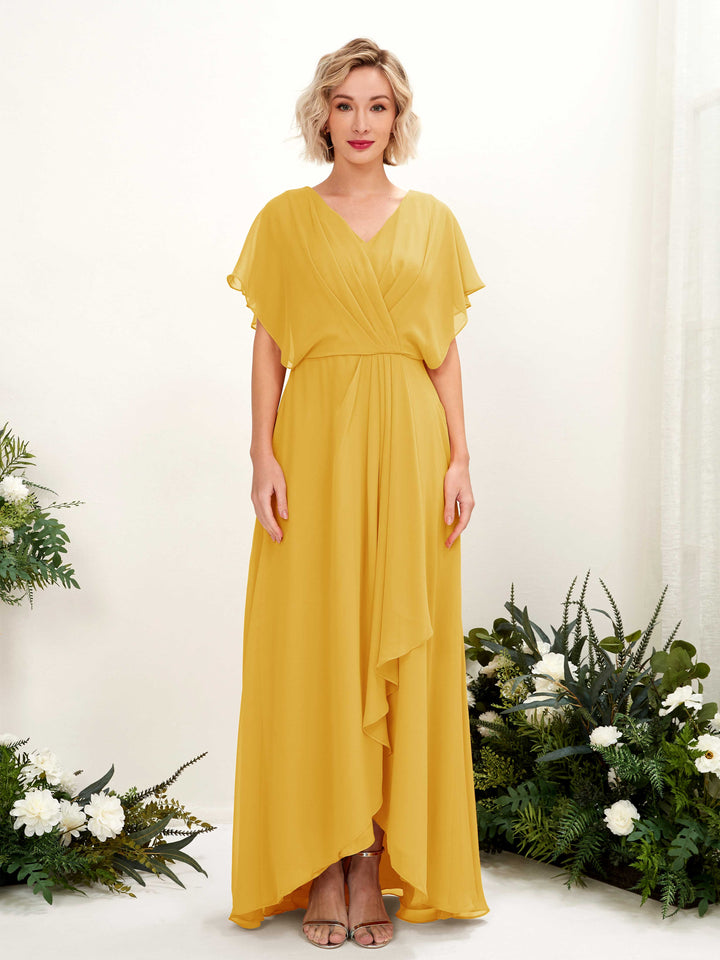 Carlyna Soleil A-Line Mustard Yellow Bridesmaid Dress Maxi Short Sleeve V-Neck Dress 