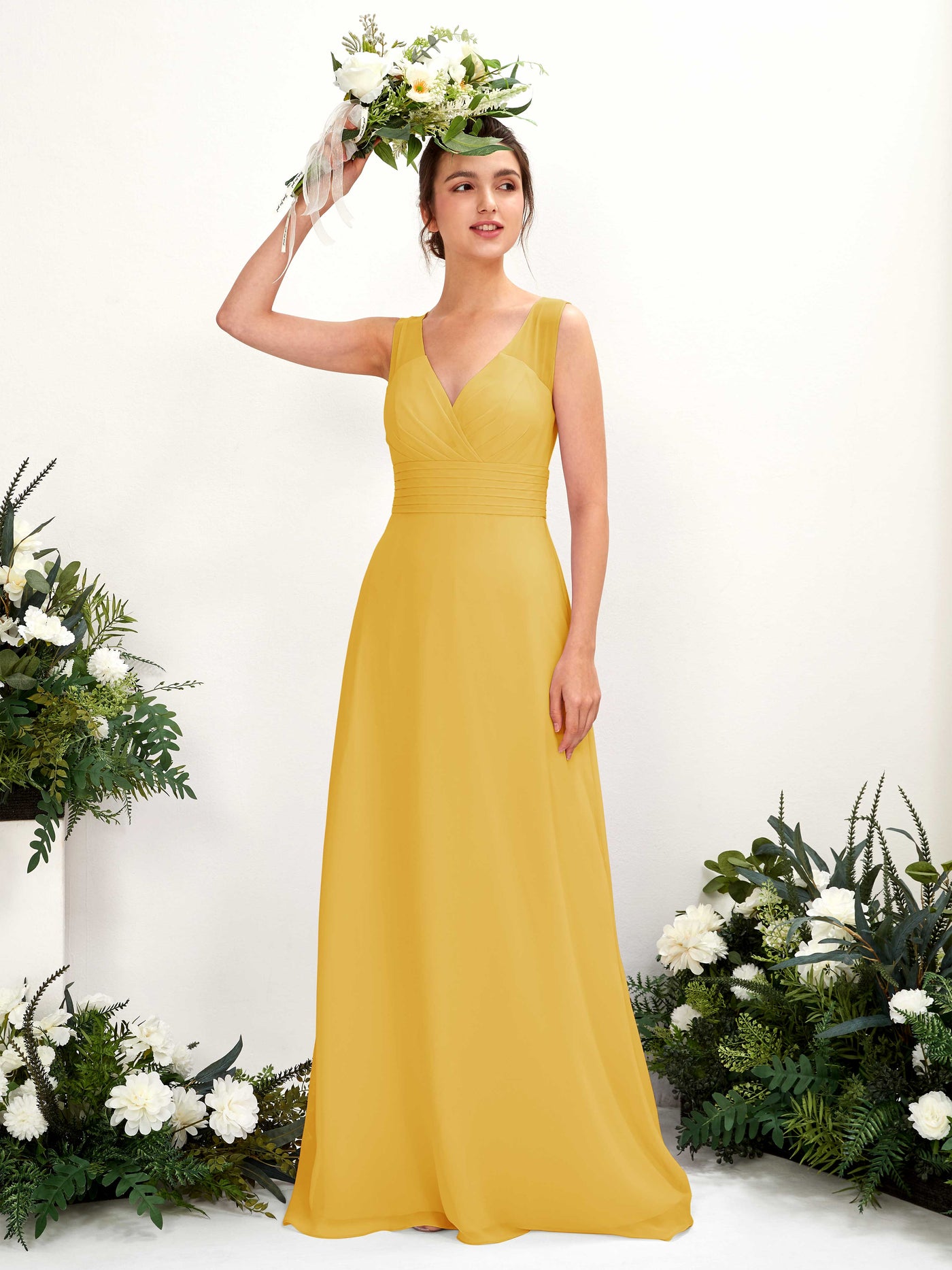 Carlyna Karen A-Line Mustard Yellow Bridesmaid Dress Maxi Sleeveless V-Neck Dress #color_mustard-yellow