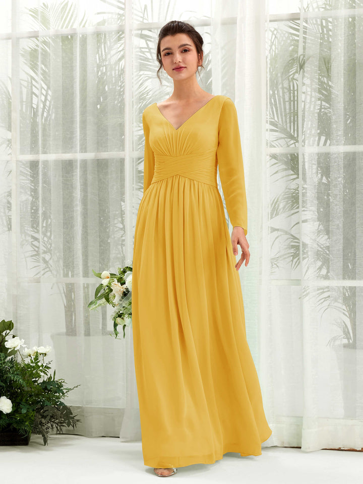 Ball Gown V-neck Long Sleeves Chiffon Bridesmaid Dress - Mustard Yellow (81220333)