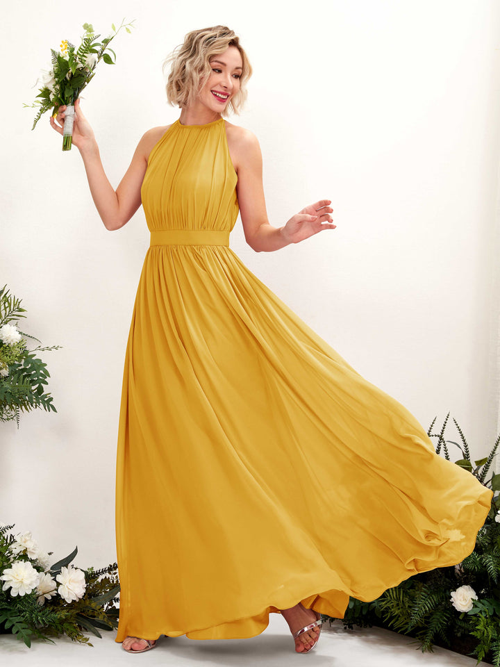 Halter Sleeveless Chiffon Bridesmaid Dress - Mustard Yellow (81223133)