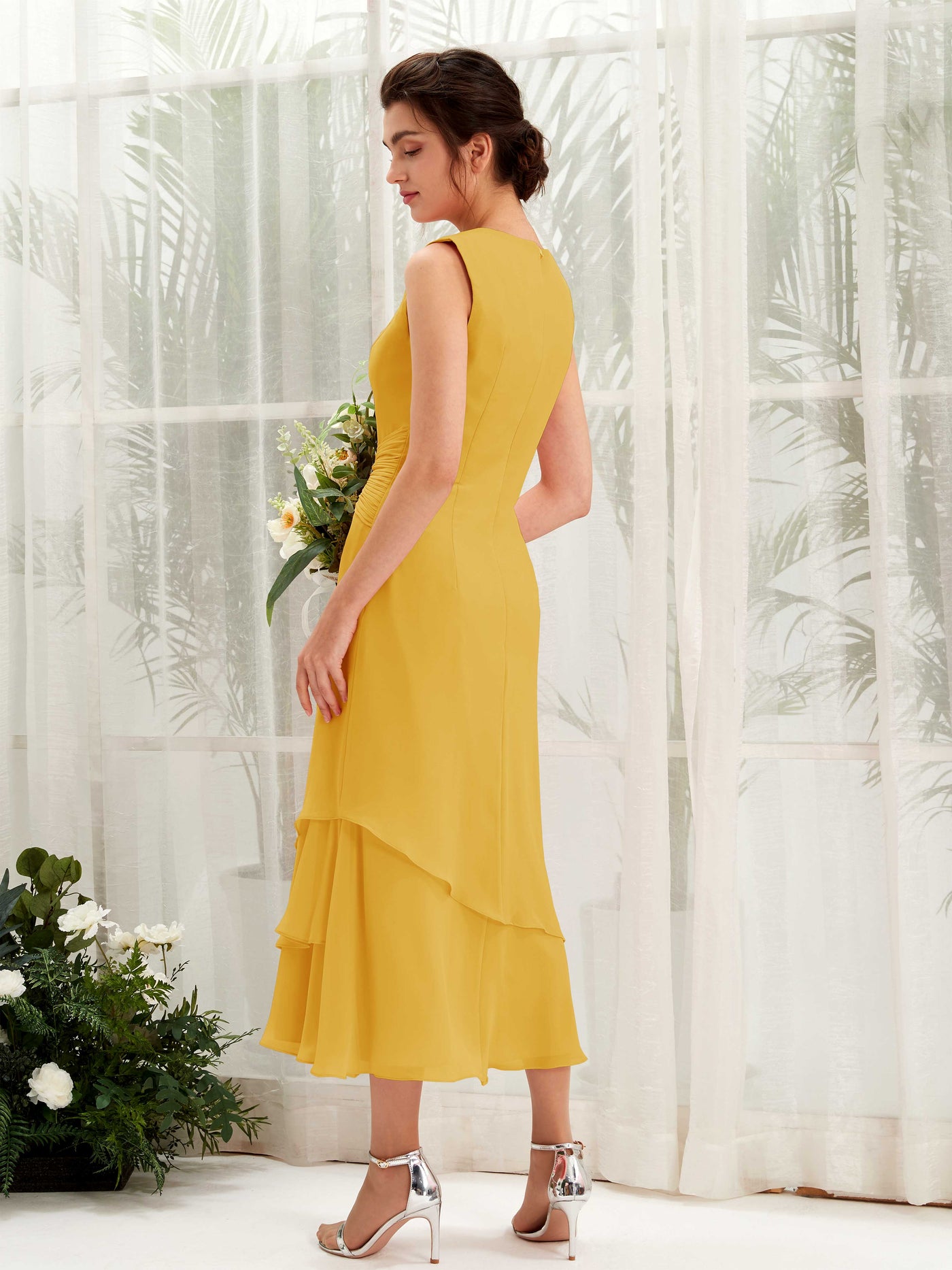 Mermaid/Trumpet Round Sleeveless Chiffon Bridesmaid Dress - Mustard Yellow (81221933)#color_mustard-yellow