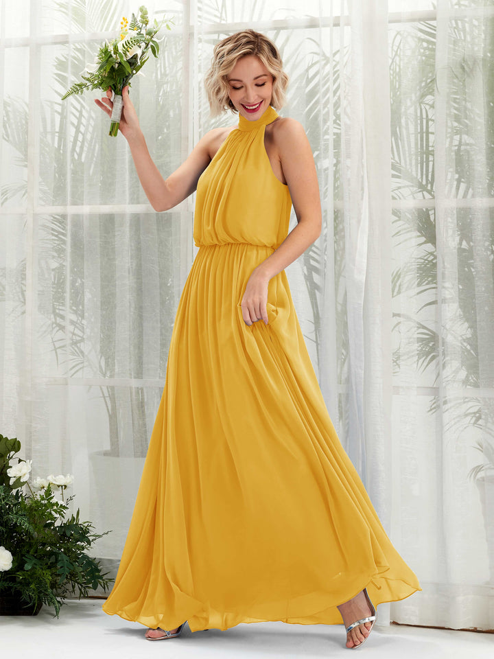 Halter Sleeveless Chiffon Bridesmaid Dress - Mustard Yellow (81222933)