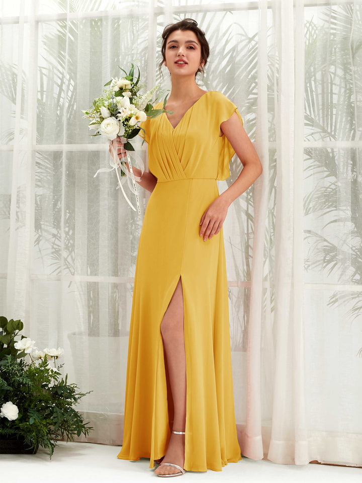 V-neck Cap Sleeves Bridesmaid Dress - Mustard Yellow (81225633)