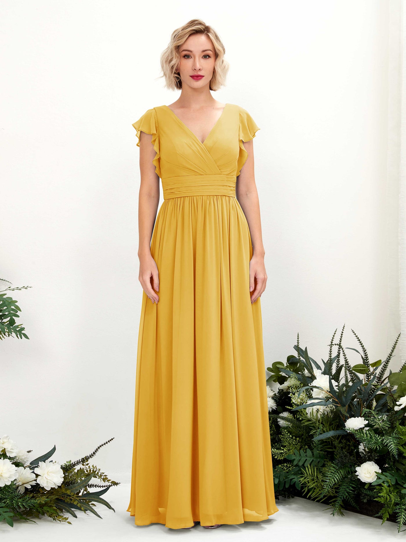 V-neck Short Sleeves Chiffon Bridesmaid Dress - Mustard Yellow (81222733)#color_mustard-yellow